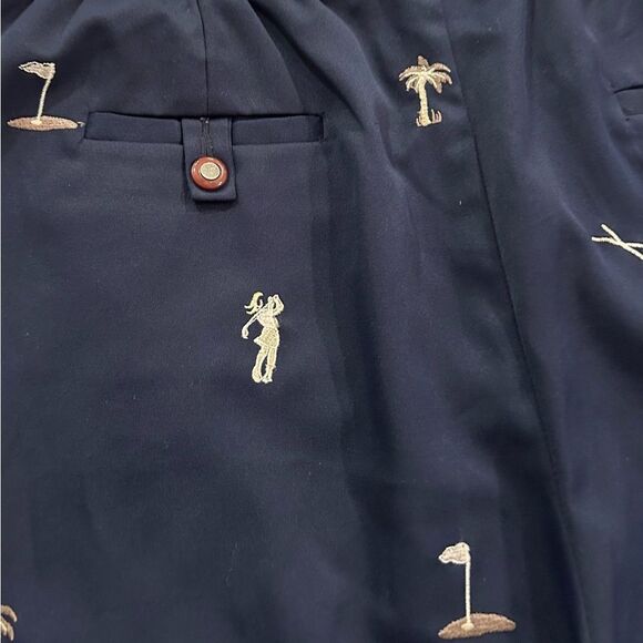 Coral Bay Golf Navy Shorts Embroidered Clubs Palm Tree Flat Front Size 14 - Picture 5 of 11